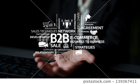 Hand presenting business concepts representing B2B relationships, e-commerce strategies, sales techniques, negotiations, and networking opportunities. Tessel 139367411