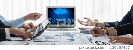 Analyst team working on data analysis dashboard on laptop screen. Insight Analyst team working on data analysis dashboard on laptop screen. Insight 139367437