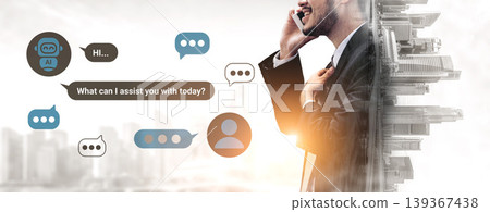 Professional communication with customer service chatbot, man in suit using smartphone, urban background, concept of business support and technology interaction Gantry Professional communication with customer service chatbot, man in suit using smartphone, urban background, concept of business support and technology interaction Gantry 139367438