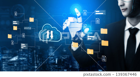 Futuristic Businessman with Robotic Hand Interacting with Cloud Technology and Data Visualization for Digital Transformation in Modern Workspace Gantry Futuristic Businessman with Robotic Hand Interacting with Cloud Technology and Data Visualization for Digital Transformation in Modern Workspace Gantry 139367446
