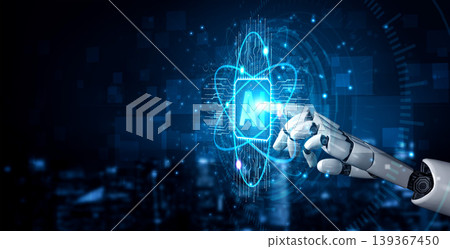 A robot hand reaches out to interact with an artificial intelligence symbol in a vibrant digital environment, symbolizing innovation and advanced technology. Sigmoid 139367450