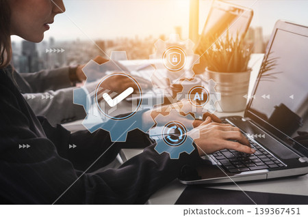 Modern Workplace with Digital Technology and Automation Concept Showing Productivity and Innovation through User Interaction and Artificial Intelligence Gantry 139367451