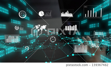 Digital Data Visualization With Graphs, Charts, Networks, and Analytics Over Computer Keyboard, Representing Technology and Business Insights xenic 139367482