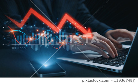 Economic Crisis with Financial Downtrend Arrow and Volatile Market Graph Elide 139367497