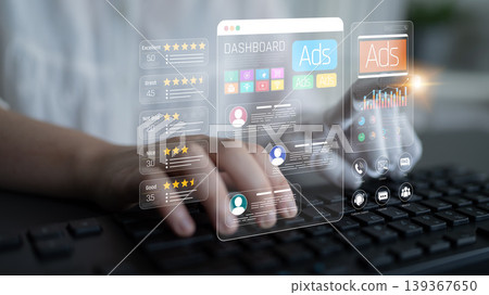 Modern digital marketing dashboard showcasing data visualization and user interaction on a keyboard background, emphasizing user engagement and analytical insights in online advertising. Sigmoid Modern digital marketing dashboard showcasing data visualization and user interaction on a keyboard background, emphasizing user engagement and analytical insights in online advertising. Sigmoid 139367650
