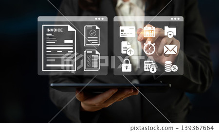 Businessperson Using Digital Tablet to Access Invoice Management and Financial Data in a Modern Office Environment Ledger Businessperson Using Digital Tablet to Access Invoice Management and Financial Data in a Modern Office Environment Ledger 139367664