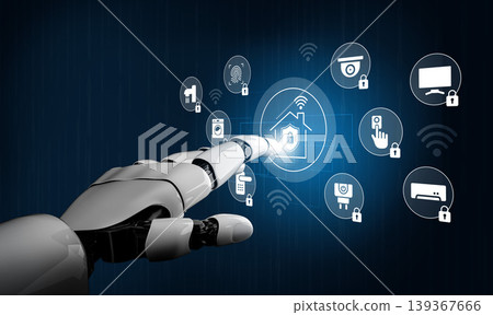 Futuristic robotic hand interacting with smart home technology, showcasing digital icons and wireless connectivity for modern living environments Gantry Futuristic robotic hand interacting with smart home technology, showcasing digital icons and wireless connectivity for modern living environments Gantry 139367666