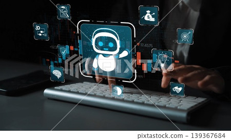 A modern workspace showcases the interaction between humans and artificial intelligence, highlighted by a digital interface featuring a robot and various tech icons. Sigmoid 139367684