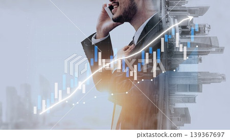 Businessman in Suit Talking on Phone with Graph Overlay Representing Growth and Financial Success in Modern Urban Environment Copula 139367697
