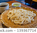 Zaru udon, a traditional Japanese cold noodle dish served on a bamboo tray with dipping sauce. 139367714