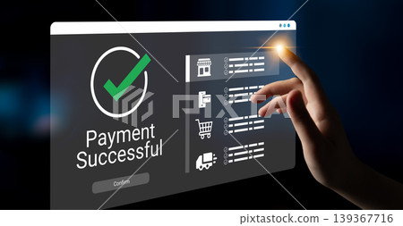 Hand Touching Screen Indicating Payment Success and Transaction Confirmation with Digital Interface Icons for Online Shopping and E-commerce Applications Ledger Hand Touching Screen Indicating Payment Success and Transaction Confirmation with Digital Interface Icons for Online Shopping and E-commerce Applications Ledger 139367716