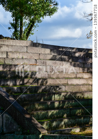 Close-up of the stairs with shadow in the sunny day in nijo jo castle, Kyoto, Japan. World Heritage Site. A corner of nijo jo castle. Background landscape of the beauty of Nijo Castle. 139367718