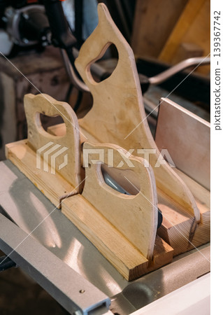 Joinery equipment. Woodworking tools. Carpentry professional set accessory safety push block with handle for protect occupation with lumber. Joinery equipment. Woodworking tools. Carpentry professional set accessory safety push block with handle for protect occupation with lumber. 139367742