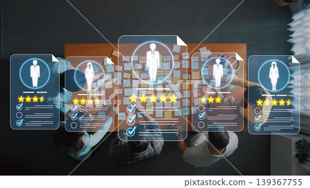 A dynamic workspace where professionals analyze project feedback and ratings while collaborating on strategies. Digital profiles enhance their teamwork in a modern office setting. Sigmoid 139367755