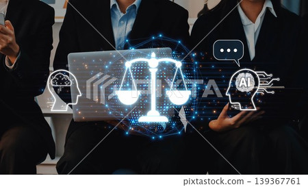 Business professionals discussing artificial intelligence and legal concepts, highlighting importance of tech in law and ethical considerations in modern practice. Raster Business professionals discussing artificial intelligence and legal concepts, highlighting importance of tech in law and ethical considerations in modern practice. Raster 139367761