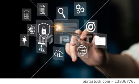 Touchscreen Interaction with Digital Security Icons and Graphic Elements in a Modern Context for Technology and Cybersecurity Concepts Gantry Touchscreen Interaction with Digital Security Icons and Graphic Elements in a Modern Context for Technology and Cybersecurity Concepts Gantry 139367763