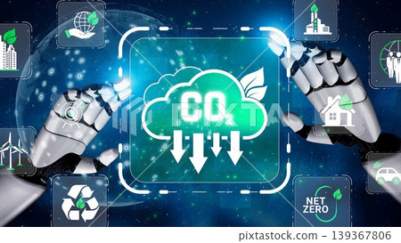 A striking visual representation of robotics and technology focused on reducing carbon emissions, promoting sustainability and environmental awareness through digital graphics and symbols. Sigmoid 139367806