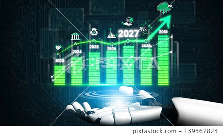 Visual representation of a robotic hand supporting a digital chart indicating climate goals and emission reduction strategies projected from 2023 to 2050, highlighting sustainability. Sigmoid Visual representation of a robotic hand supporting a digital chart indicating climate goals and emission reduction strategies projected from 2023 to 2050, highlighting sustainability. Sigmoid 139367823
