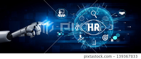 Futuristic Robot Hand Interacting with HR Technology Interface in Digital Concept of Human Resources Management System Fluxor 139367833