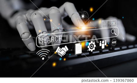 Robotic Hand Typing on Keyboard with Search Bar and Digital Icons Representing Technology, Communication, and Information Retrieval Concepts Quark Robotic Hand Typing on Keyboard with Search Bar and Digital Icons Representing Technology, Communication, and Information Retrieval Concepts Quark 139367860