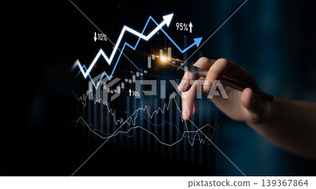 Person Pointing with Pen at Financial Graph Representing Growth and Progress in Business Analytics and Stock Market Trends in Dark Background Scalp Person Pointing with Pen at Financial Graph Representing Growth and Progress in Business Analytics and Stock Market Trends in Dark Background Scalp 139367864