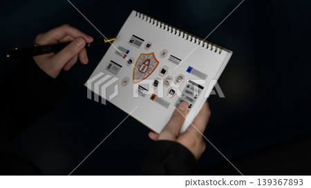 Hands Holding Open Sketchbook with Various Drawings and Symbols in Dark Background, Creative Mind and Artistic Expression Concept Ledger 139367893