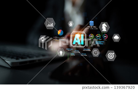 Artificial Intelligence Concepts with Data Visualizations and Digital Elements on a Smartphone in a Business Environment Fluxor 139367920