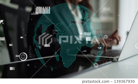 Business Professional Engaged in Data Analysis with Global Map Overlay and Statistics Visualizations for Digital Transformation and Market Insights xenic 139367930