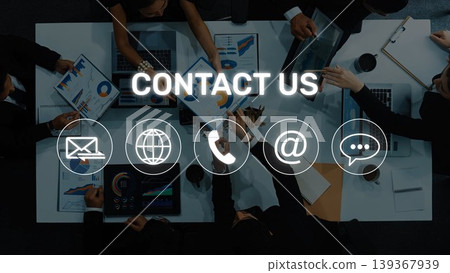 Professional Team Collaboration with Contact Information Icons for Business Communication and Engagement Strategies in Modern Office Environment. Raster 139367939
