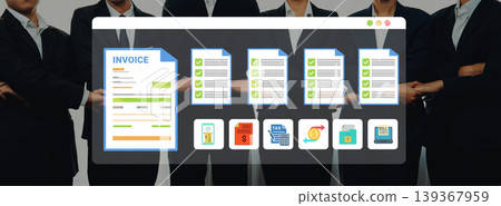 Professional Team Reviewing Financial Documents with Digital Invoice and Task Management Icons for Business Use and Workflow Optimization Ledger Professional Team Reviewing Financial Documents with Digital Invoice and Task Management Icons for Business Use and Workflow Optimization Ledger 139367959