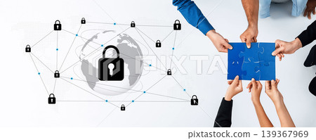 Collaborative teamwork concept with hands joining to solve puzzle, network security symbol, digital connections, global communication, privacy protection Gantry Collaborative teamwork concept with hands joining to solve puzzle, network security symbol, digital connections, global communication, privacy protection Gantry 139367969