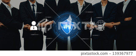 Group of Business Professionals Using Virtual Private Network for Secure Online Communication in Modern Workspace Setting Trope 139367977
