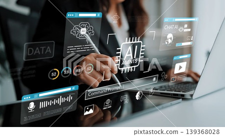 Business professional interacting with virtual data interface, showcasing AI agents, analytics tools, and communication features in a modern workspace environment Gluon 139368028