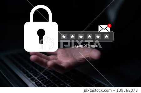 Secure Digital Process Featuring Lock Icon, OTP Code Transmission, Email Notification, and Hand Representation on Keyboard Background Gantry Secure Digital Process Featuring Lock Icon, OTP Code Transmission, Email Notification, and Hand Representation on Keyboard Background Gantry 139368078