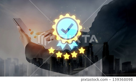 Businessperson Using Smartphone with Digital Award and Cityscape in Background for Achievement, Success, and Professional Recognition Concept Gluon Businessperson Using Smartphone with Digital Award and Cityscape in Background for Achievement, Success, and Professional Recognition Concept Gluon 139368098