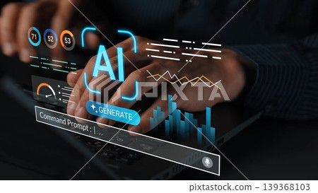 Futuristic Interface Featuring AI Technology and Data Visualization with Hands Typing on Laptop Keyboard in Dark Set Up, Ideal for Digital Innovation Concepts Gluon Futuristic Interface Featuring AI Technology and Data Visualization with Hands Typing on Laptop Keyboard in Dark Set Up, Ideal for Digital Innovation Concepts Gluon 139368103