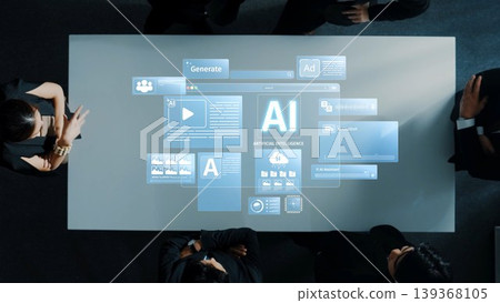 Collaborative Business Meeting with Digital AI Interface Displayed on Conference Table, Illustrating Technology and Innovation in Modern Workspaces. Raster Collaborative Business Meeting with Digital AI Interface Displayed on Conference Table, Illustrating Technology and Innovation in Modern Workspaces. Raster 139368105