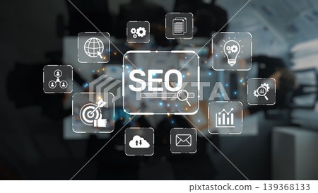 Digital Marketing Concept Featuring SEO Strategies and Icons, Illustrating Global Connectivity and Online Presence Optimization Techniques. Raster Digital Marketing Concept Featuring SEO Strategies and Icons, Illustrating Global Connectivity and Online Presence Optimization Techniques. Raster 139368133