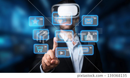 Man in Virtual Reality Headset Interacting with Digital Icons in Futuristic Environment, Engaging with Technology and Social Media Interfaces. Raster Man in Virtual Reality Headset Interacting with Digital Icons in Futuristic Environment, Engaging with Technology and Social Media Interfaces. Raster 139368135