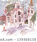 Watercolor Painting of European Town Square 139368138