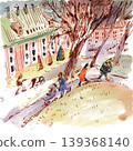 Watercolor Painting of European Town Park Scene 139368140