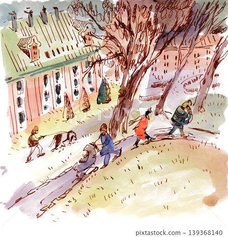 Watercolor Painting of European Town Park Scene 139368140