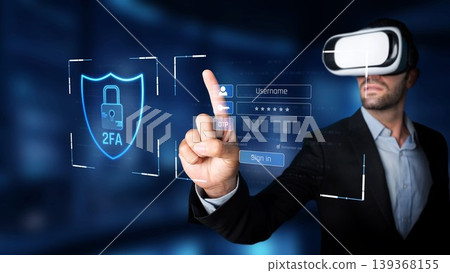 Man in Virtual Reality Glasses Interacting with Digital Security Interface and Two-Factor Authentication Screen in a Futuristic Setting. Raster Man in Virtual Reality Glasses Interacting with Digital Security Interface and Two-Factor Authentication Screen in a Futuristic Setting. Raster 139368155