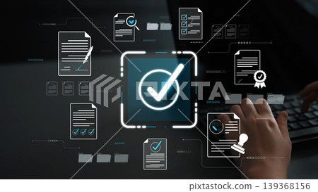 Modern digital verification concept showcasing checkmarks, document icons, and a person interacting with a device, emphasizing efficiency and business success in a workspace. Sigmoid 139368156