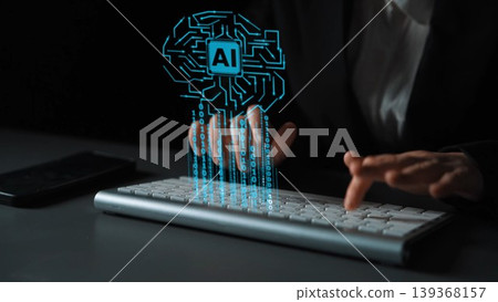 Hands Typing on Keyboard with Artificial Intelligence Concept Highlighted through Digital Graphics and Data Patterns Against Dark Background Gluon 139368157