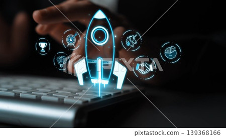A conceptual image illustrating business growth with a digital rocket launch on a computer keyboard, showcasing virtual elements of innovation, success, and strategy in technology. Sigmoid A conceptual image illustrating business growth with a digital rocket launch on a computer keyboard, showcasing virtual elements of innovation, success, and strategy in technology. Sigmoid 139368166