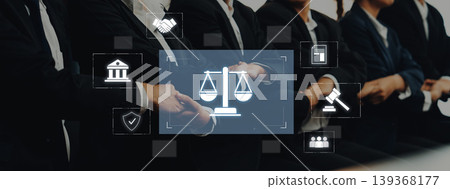 Business people in suits with legal and justice icons, representing law, support, and teamwork in a professional environment focused on justice and equality Trope Business people in suits with legal and justice icons, representing law, support, and teamwork in a professional environment focused on justice and equality Trope 139368177