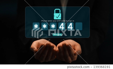 Close-up of hands displaying an interface showing OTP code verification for secure online login, emphasizing technology, security, and user authentication processes. Sigmoid Close-up of hands displaying an interface showing OTP code verification for secure online login, emphasizing technology, security, and user authentication processes. Sigmoid 139368191