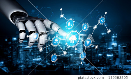 Futuristic Robot Hand Interacting with Digital Cloud Technology and Connected IoT Devices Against a City Skyline Background at Night. Tessel 139368205