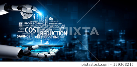 Futuristic Technology Concept Showcasing Cost Reduction, Budgeting Strategies, and Optimized Efficiency with Robotic Arms in a Digital Environment. Tessel Futuristic Technology Concept Showcasing Cost Reduction, Budgeting Strategies, and Optimized Efficiency with Robotic Arms in a Digital Environment. Tessel 139368215